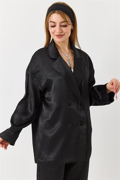 Kadın  Kruvaze Yaka Saten Oversize Blazer Ceket Siyah