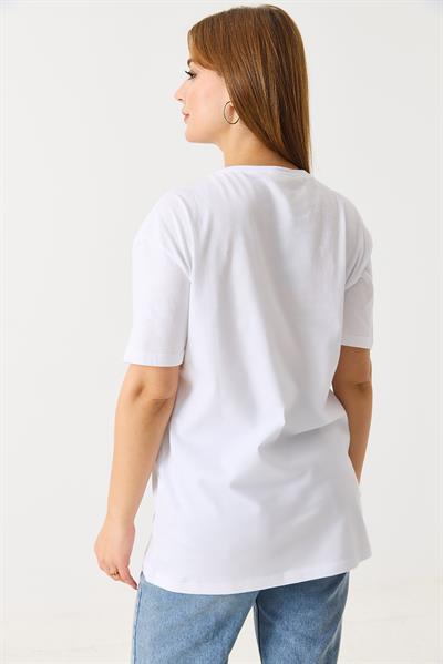 Kadın Bisiklet Yaka Baskılı Kısa Kol Tshirt Beyaz