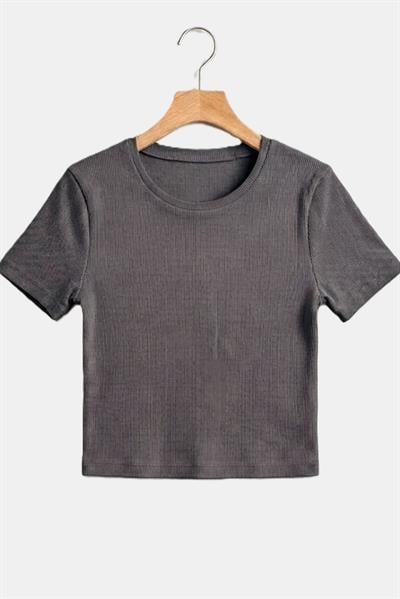Kadın Bisiklet Yaka Kaşkorse Crop Bluz Antrasit