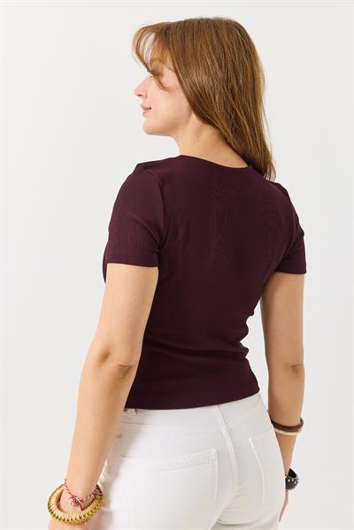 Kadın Çıtçıtlı Kısa Kollu Kaşkorse  Bluz Bordo