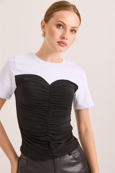 Büzgü Detaylı Straplez Görünümlü Premium Bluz	Siyah