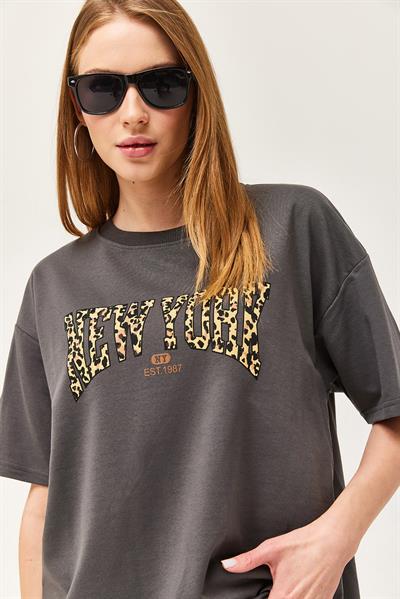 Bisiklet Yaka Oversize Tshirt Füme