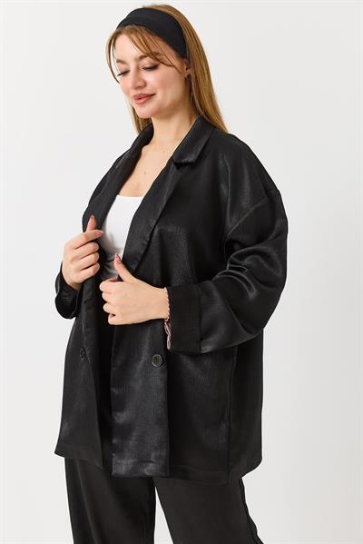 Kadın  Kruvaze Yaka Saten Oversize Blazer Ceket Siyah