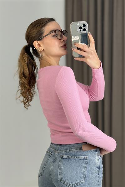 Kadın Fitilli Kare Yaka Uzun Kollu Bluz  Pembe