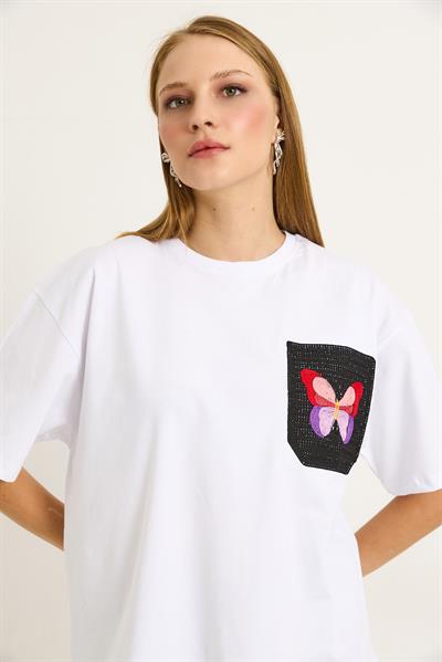 Nakış Detaylı Bisiklet Yada Basic Tshirt Beyaz