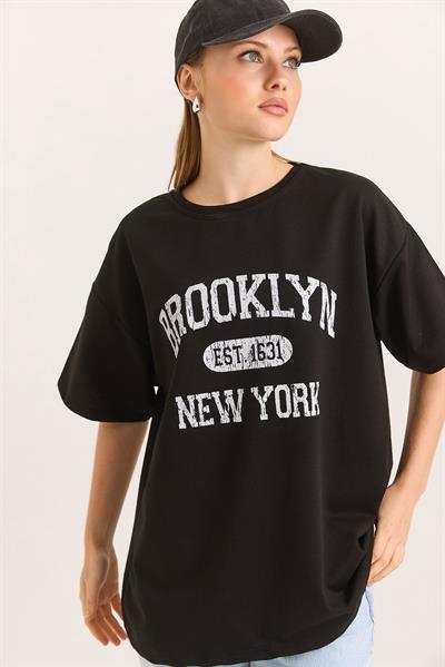 Oversize İki İplik Brooklyn Baskılı Siyah Tshirt
