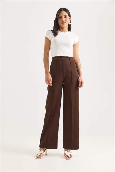 Yanları Şeritli Yüksek Bel Bol Paça Pantolon Kahverengi
