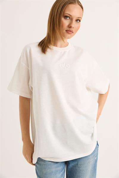 Alo Nakışlı Oversize Unisex Tshirt Beyaz