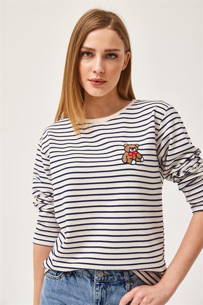 Bisiklet Yaka Çizgili Uzun Kollu Sweatshirt Lacivert