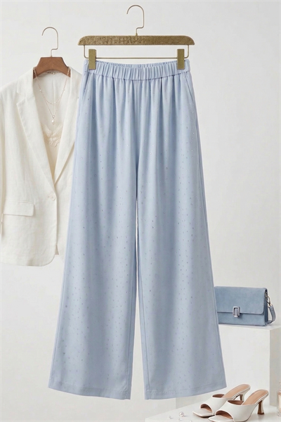 Kadın Taş Detaylı Bol Kesim Keten Görünümlü Pantolon Mavi