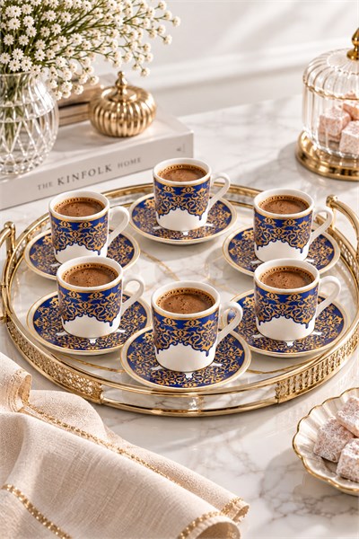 12 Parça 6lı Tezhip/Çini Desenli Yıldız Motifli Fincan Takımı Mavi