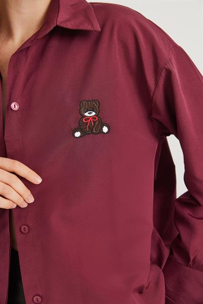 Ayıcık Nakışlı Oversize Basic Gömlek Bordo