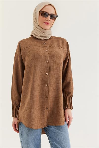 Keten Kumaş Kol Nervül Detaylı Gömlek Tunik Vizon