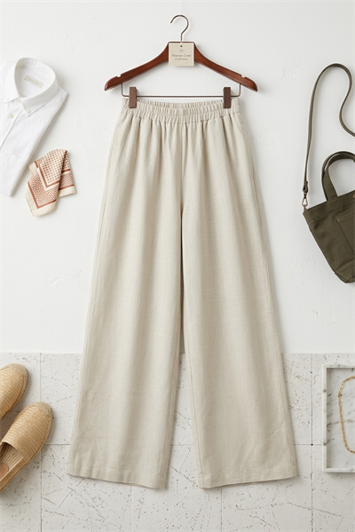 Kadın Beli Kalın Lastikli Bol Kesim Kumaş Pantolon  Krem