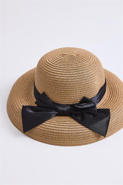 Fiyonk Detaylı Kadın Hasır Plaj Havuz Şapkası Vizon