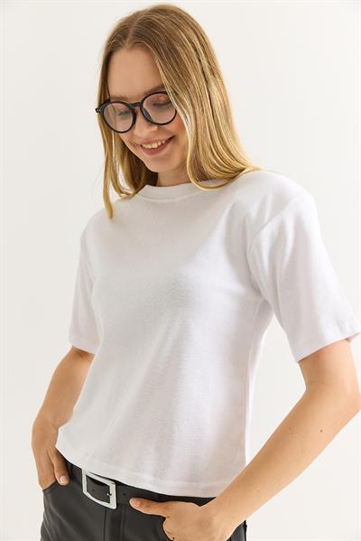 Vatkalı Bisiklet Yaka Basic Tshirt Beyaz