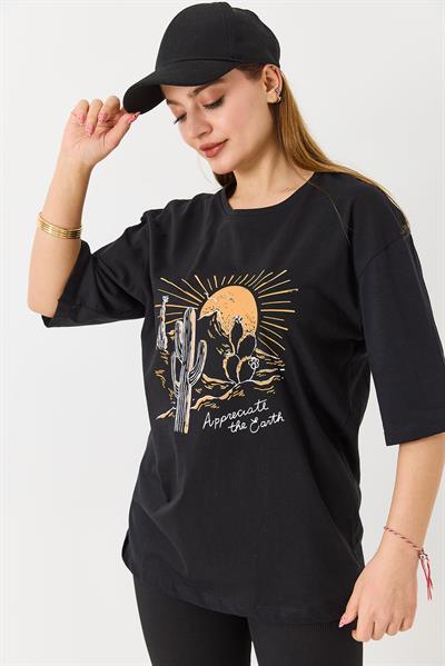 Kadın Çöl Tema Baskılı Bisiklet Yaka Tshirt Siyah