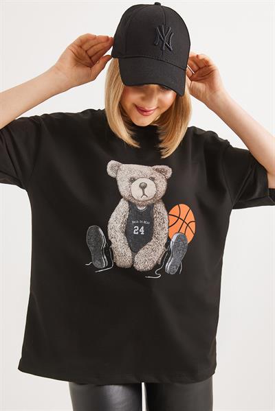 Ayıcık Baskılı Bisiklet Yaka Tshirt Siyah