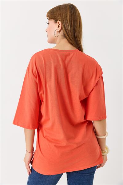 Kadın Kalp Baskılı Bisiklet Yaka Tshirt Nar Çiçeği