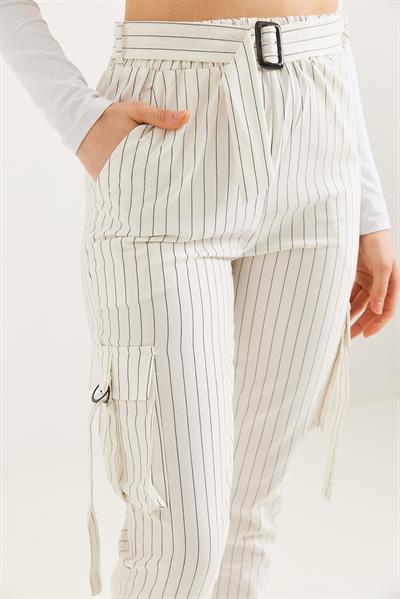  Yanları Cepli  Paça Lastikli Keten Pantolon  Beyaz