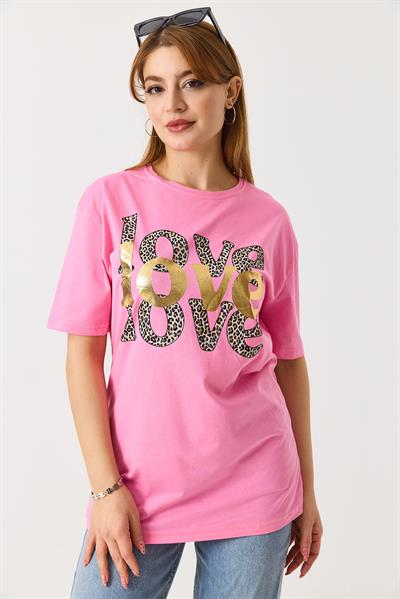 Kadın Bisiklet Yaka Kısa Kol Basic Tshirt Pembe