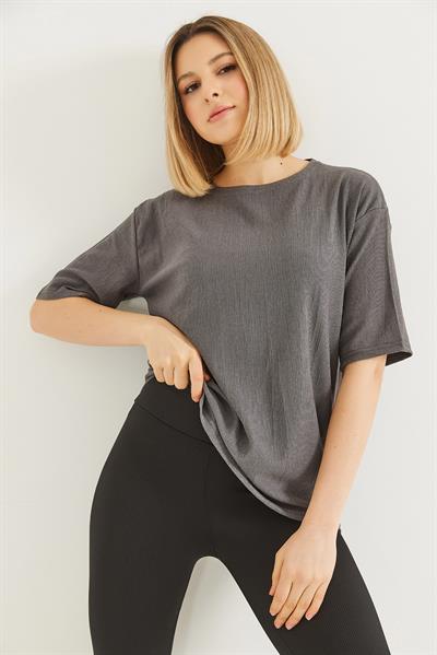 Bisiklet Yaka  Kısa Kol Basic Tshirt Gri