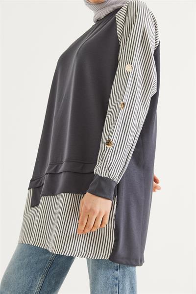 Kolu Ve Eteği Gömlek Garnili Tunik  Gri