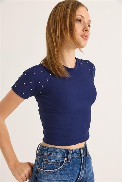 Regular Taş Detaylı Ottoman Crop Bluz Saks