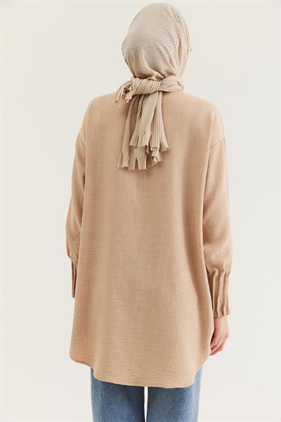 Keten Kumaş Kol Nervül Detaylı Gömlek Tunik Bej
