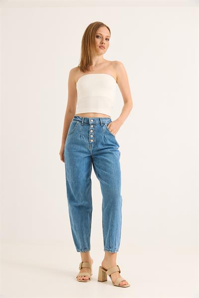 Yüksek Bel Düğmeli Wide Leg Jean Mavi