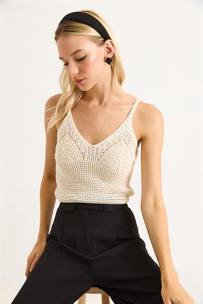 Örgülü Triko Askılı Crop Bluz