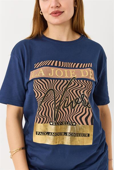 Kadın Parlak Yazılı Baskılı Tshirt Lacivert