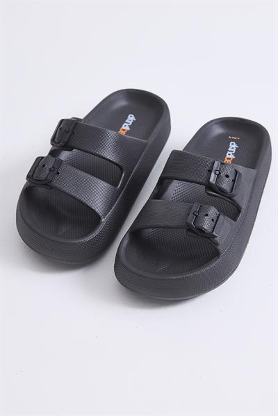 Yüksek Taban Önü Açık Çift Tokalı Terlik Siyah