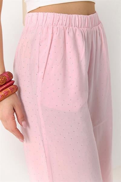 Kadın Taş Detaylı Bol Kesim Keten Görünümlü Pantolon Pembe