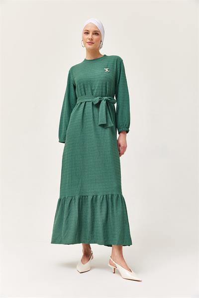Kuşaklı Kat Keten Elbise Yeşil