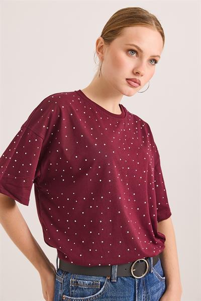 Taş Detaylı Rahat Kalıp Premium Pamuk Tshirt	Bordo