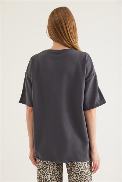 Bisiklet Yaka Oversize Baskılı Tshirt Füme