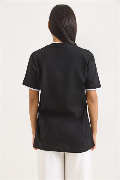 Bisiklet Yaka Kolları Garnili Kadın T-shirt Siyah