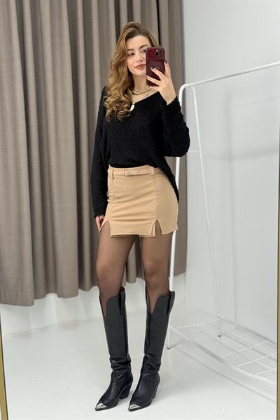 Kendinden Kemerli Yırtmaç Detaylı Şort Etek Vizon