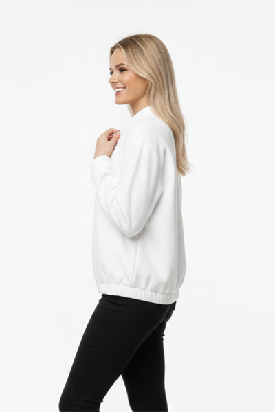 Üç İplik Şardonlu Beyaz Beli Lastikli Fermuarlı Hırka