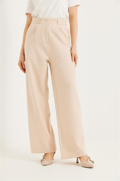 Dökümlü Bol Paça Pantolon Krem
