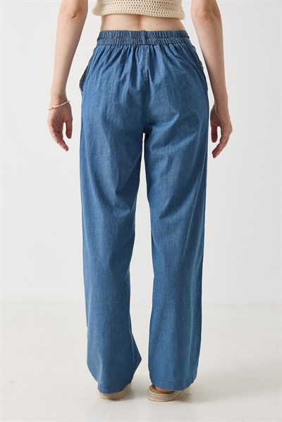 Kadın Beli Lastikli Geniş Paça Rahat Kesim Pantalon Mavi