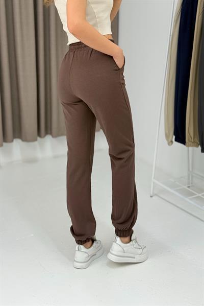 Kadın İki İplik Paçası Lastikli Eşofman Altı Kahverengi