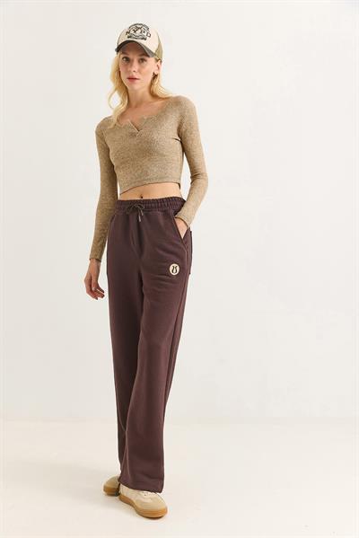 Kadın Paçası Lastıkli Geniş Paça Eşofman Altı Kahverengi
