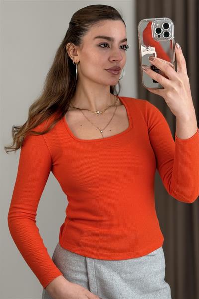 Kadın Fitilli Kare Yaka Uzun Kollu Bluz  Turuncu