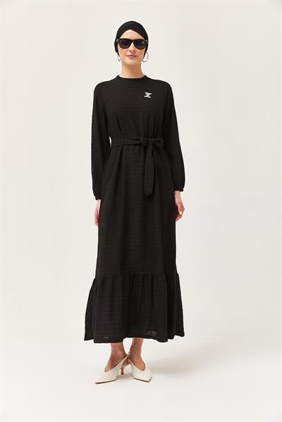 Kuşaklı Kat Keten Elbise Siyah