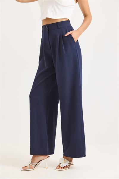 Yüksek Bel Bol Paça Pantalon Lacivert