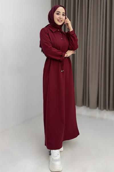 Kadın Beli Bağlamalı Düz Basic Elbise Bordo
