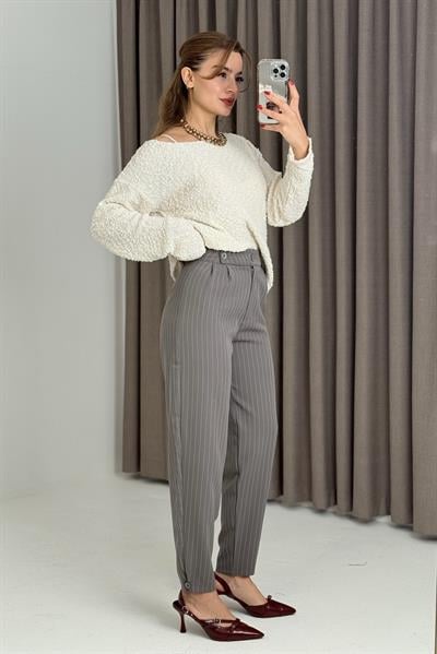 Kemeri Çift Düğmeli Çizgili Palazzo Pantolon Füme