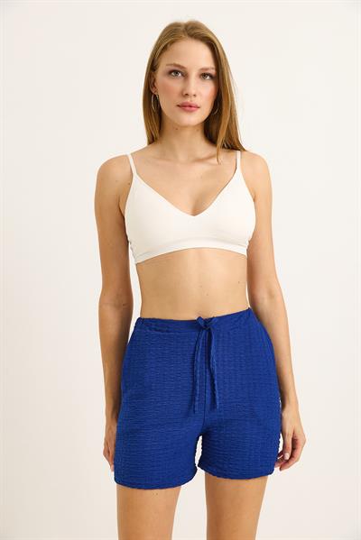 Gofre Kumaş Bel Lastikli Kadın Şort Saks